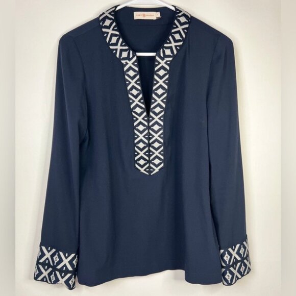 TORY BURCH ARIANA‎ V Neck Tunic with Taping Blouse Embroidered Knit Trim Size 4 - Picture 5 of 16